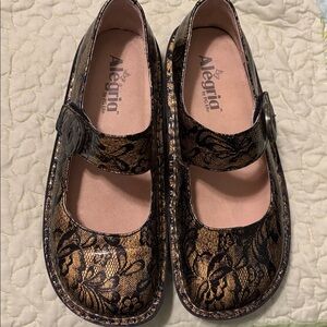 Alegria Black and Gold Floral Mary Janes